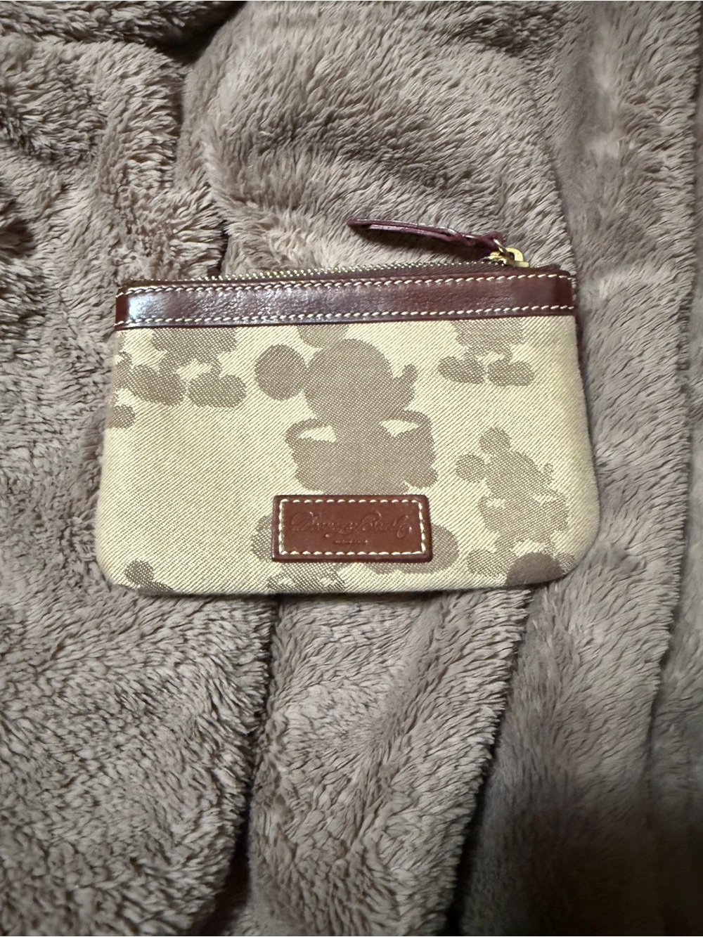 Dooney & Bourke Beige Canvas Mickey Zip Pouch with Brown Trim